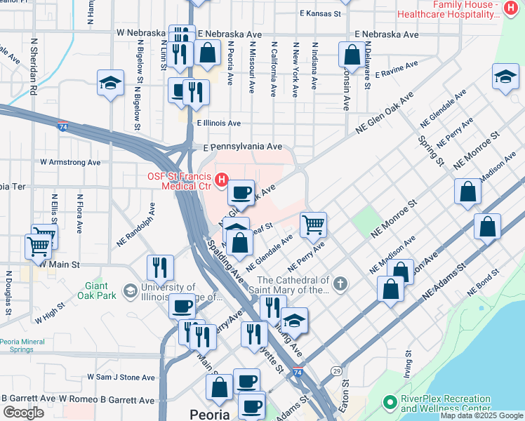 map of restaurants, bars, coffee shops, grocery stores, and more near in Peoria
