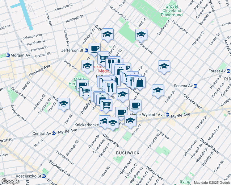 map of restaurants, bars, coffee shops, grocery stores, and more near 286 Stanhope Street in Brooklyn