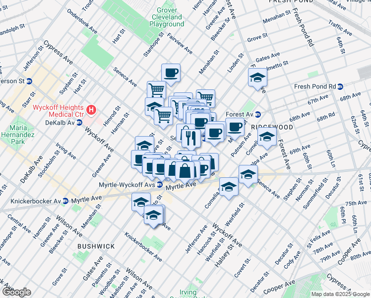 map of restaurants, bars, coffee shops, grocery stores, and more near 17-07 Gates Avenue in Queens