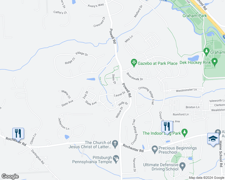 map of restaurants, bars, coffee shops, grocery stores, and more near 407 Oak Court in Cranberry Township