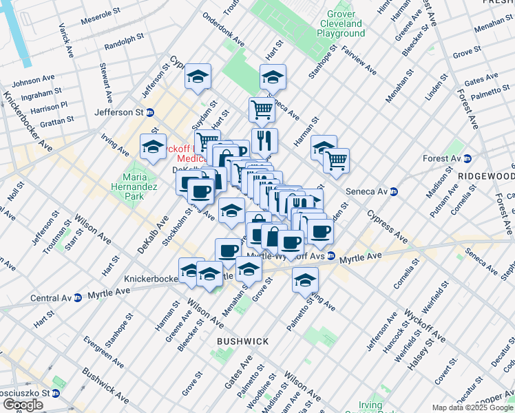 map of restaurants, bars, coffee shops, grocery stores, and more near 170 Wyckoff Avenue in Brooklyn