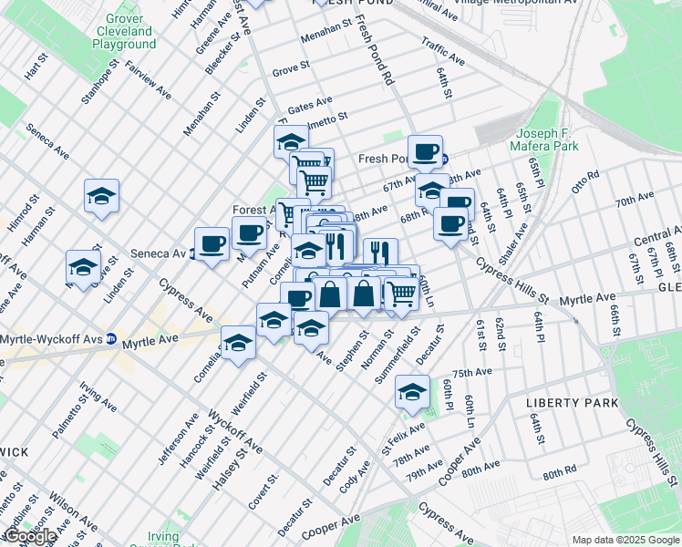 map of restaurants, bars, coffee shops, grocery stores, and more near 68-59 Forest Avenue in Queens