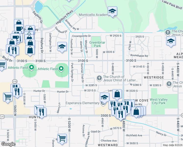 map of restaurants, bars, coffee shops, grocery stores, and more near 3199 Rendezvous Way in West Valley City