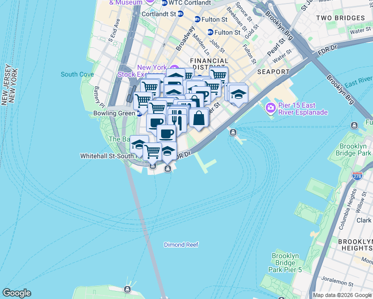 map of restaurants, bars, coffee shops, grocery stores, and more near 125 Broad Street in New York