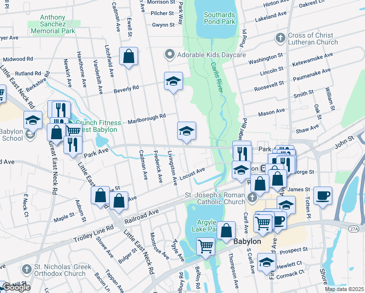 map of restaurants, bars, coffee shops, grocery stores, and more near 238 County Road 50 in Babylon