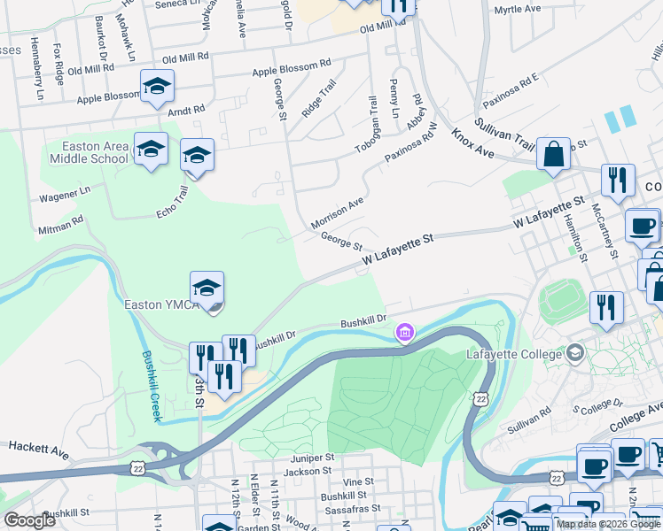 map of restaurants, bars, coffee shops, grocery stores, and more near 915 George Street in Easton