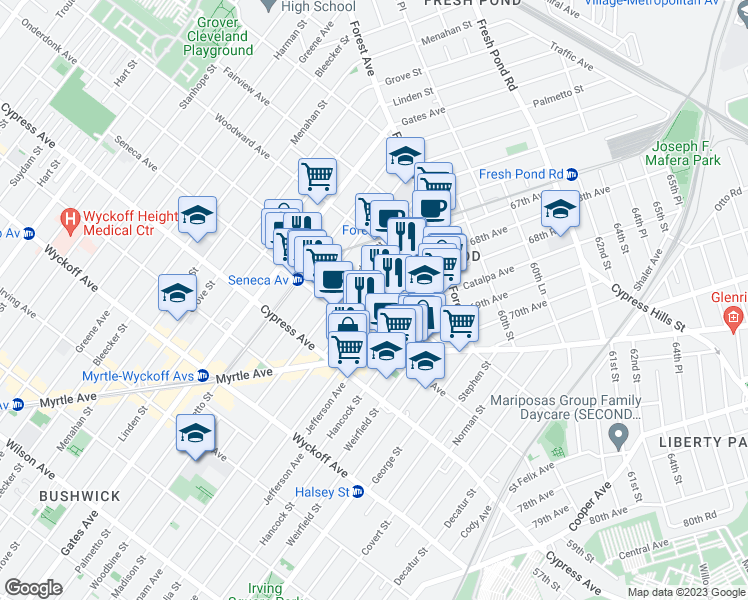 map of restaurants, bars, coffee shops, grocery stores, and more near 1836 Putnam Avenue in Queens