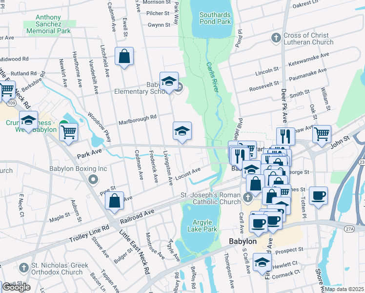 map of restaurants, bars, coffee shops, grocery stores, and more near 169 Park Avenue in Babylon