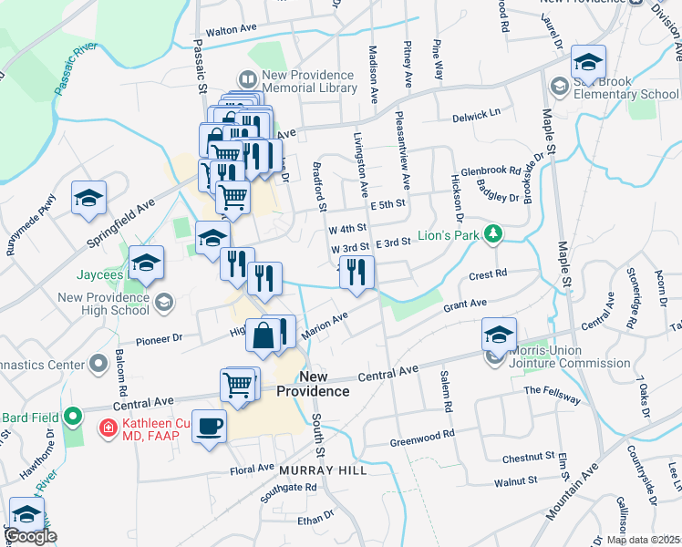 map of restaurants, bars, coffee shops, grocery stores, and more near 36 2nd Street in New Providence