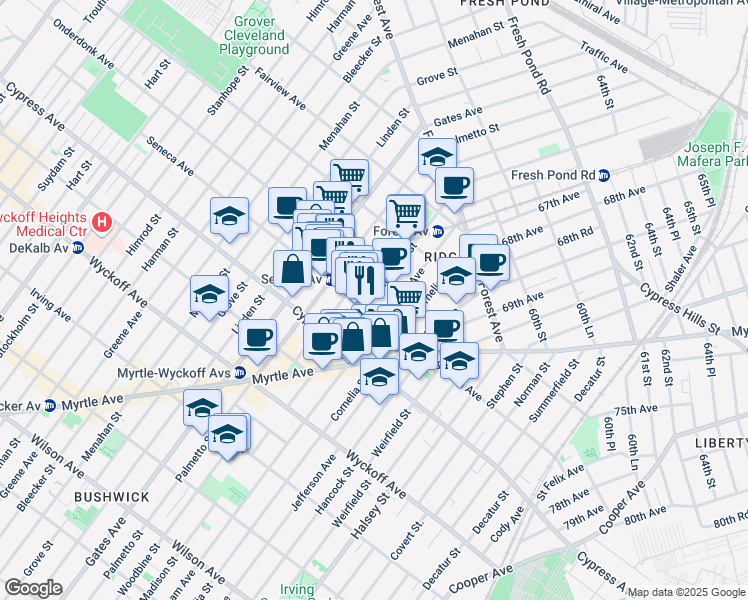 map of restaurants, bars, coffee shops, grocery stores, and more near 18-14 Woodbine Street in Queens