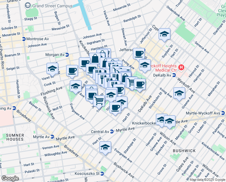 map of restaurants, bars, coffee shops, grocery stores, and more near 222 Troutman Street in Brooklyn
