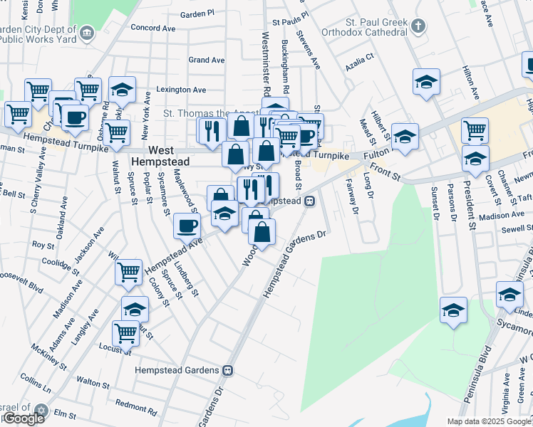 map of restaurants, bars, coffee shops, grocery stores, and more near 163 Hempstead Ave in West Hempstead