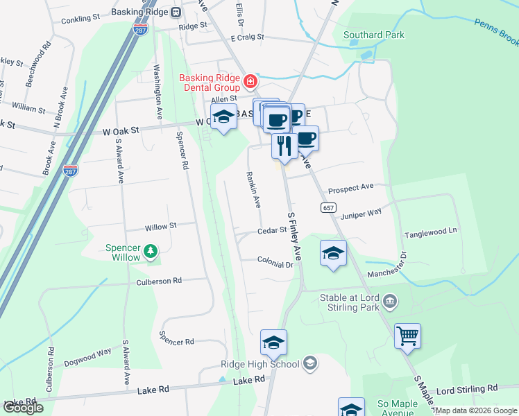 map of restaurants, bars, coffee shops, grocery stores, and more near 36 Rankin Avenue in Basking Ridge