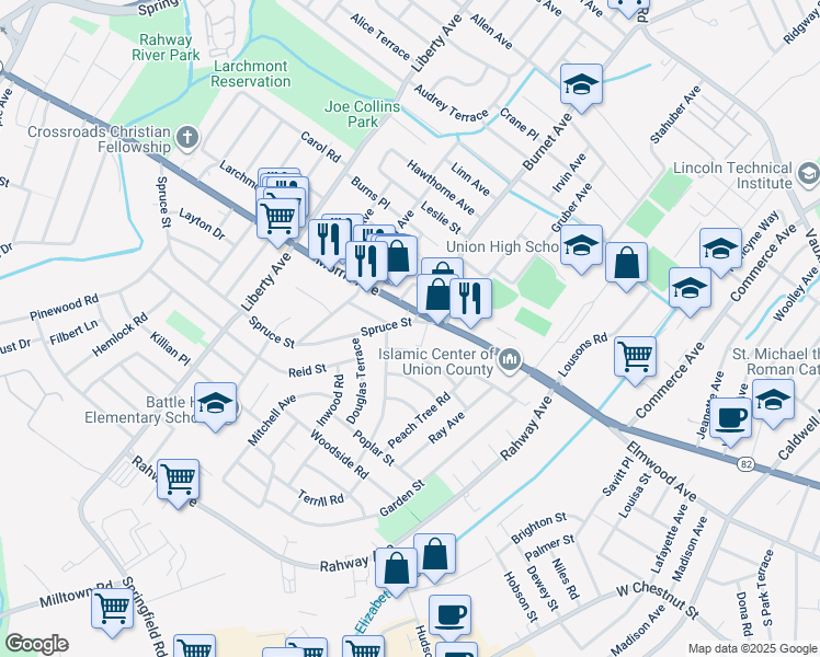 map of restaurants, bars, coffee shops, grocery stores, and more near 2522 Spruce Street in Union