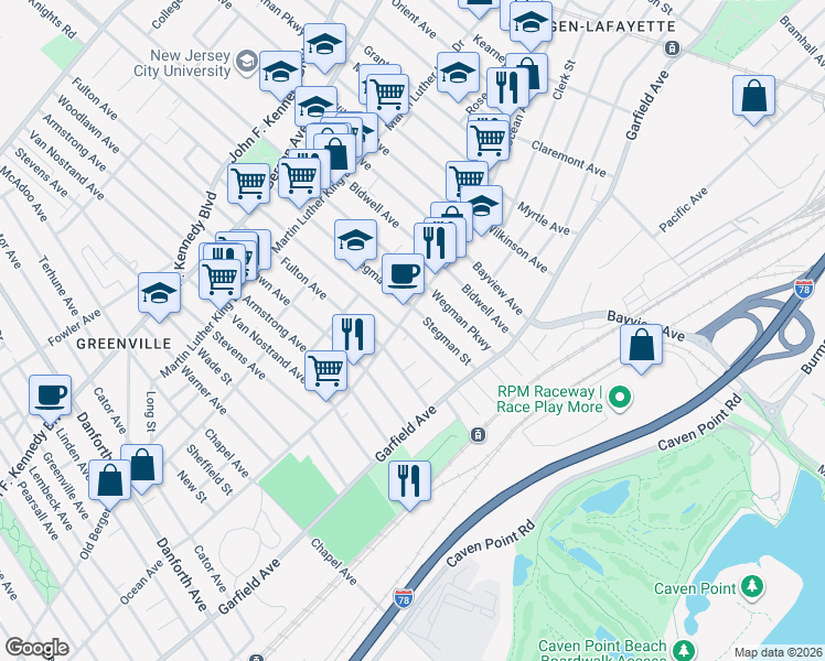 map of restaurants, bars, coffee shops, grocery stores, and more near 60 Stegman Street in Jersey City