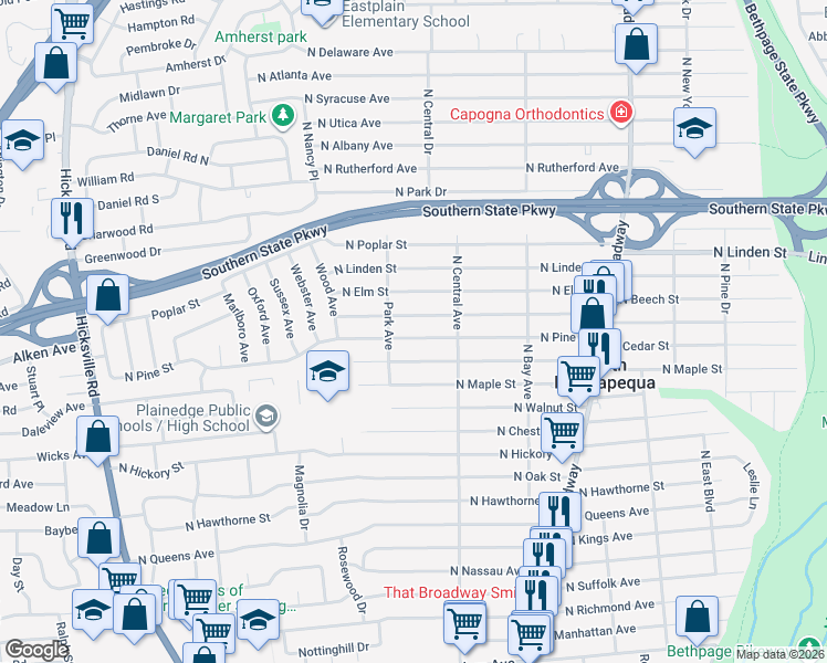 map of restaurants, bars, coffee shops, grocery stores, and more near 258 North Beech Street in North Massapequa