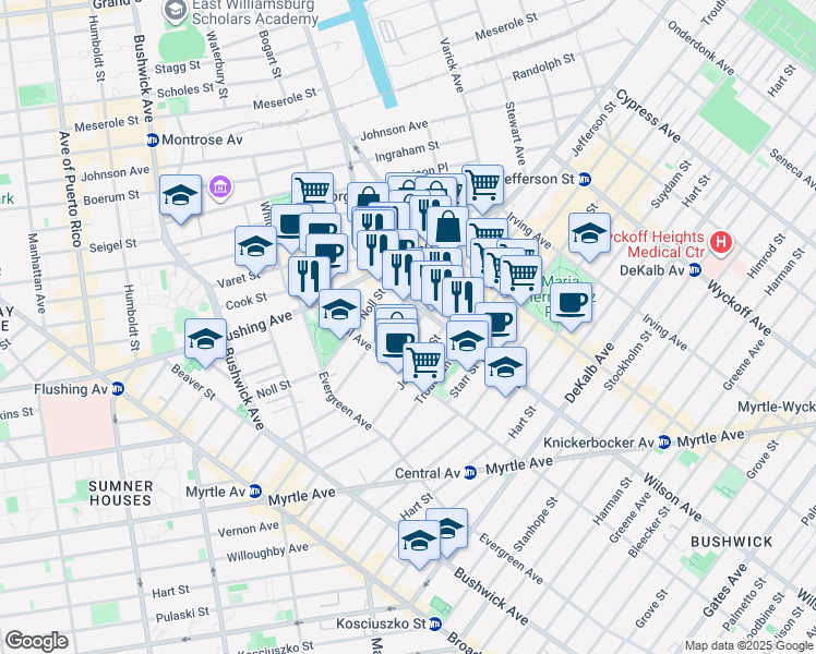 map of restaurants, bars, coffee shops, grocery stores, and more near 269 Melrose Street in Brooklyn