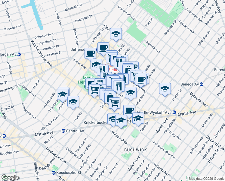 map of restaurants, bars, coffee shops, grocery stores, and more near 162 Irving Avenue in Brooklyn