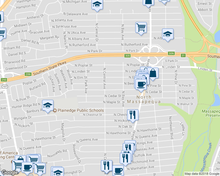 map of restaurants, bars, coffee shops, grocery stores, and more near 239 North Pine Street in Massapequa