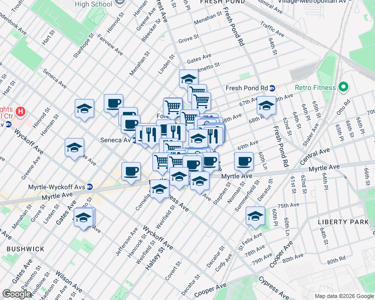 map of restaurants, bars, coffee shops, grocery stores, and more near 18-64 Cornelia Street in Queens