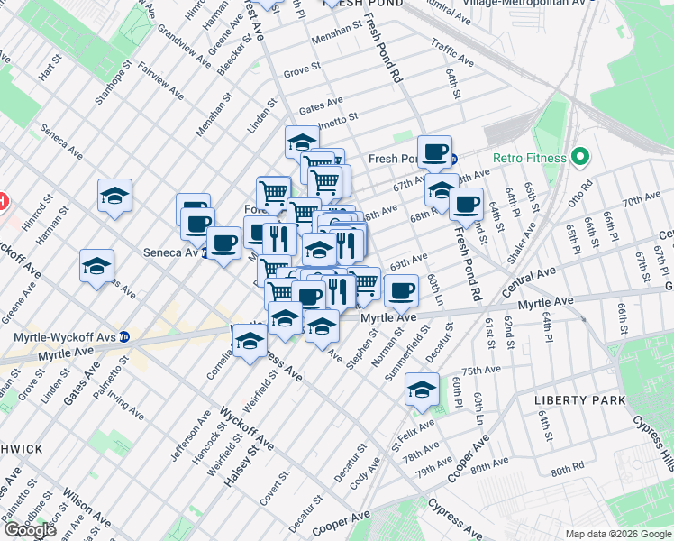 map of restaurants, bars, coffee shops, grocery stores, and more near 58-50 Catalpa Avenue in Queens
