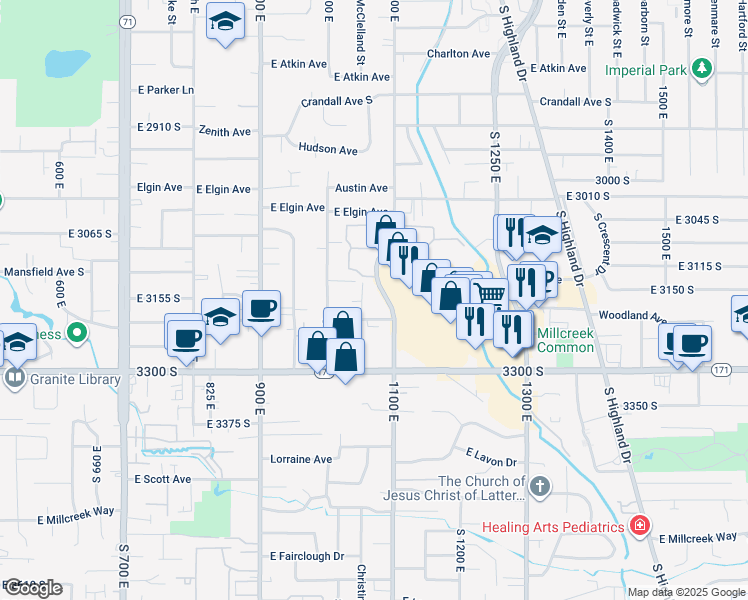 map of restaurants, bars, coffee shops, grocery stores, and more near 3158 McClelland Street East in Salt Lake City