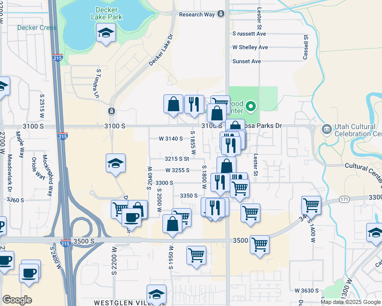 map of restaurants, bars, coffee shops, grocery stores, and more near 3182 South 1855 West in West Valley City