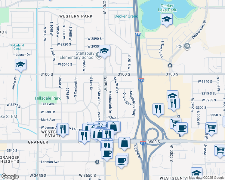 map of restaurants, bars, coffee shops, grocery stores, and more near 3183 Meadow Lark Drive in West Valley City