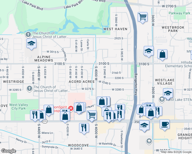 map of restaurants, bars, coffee shops, grocery stores, and more near 3182 4000 West in West Valley City