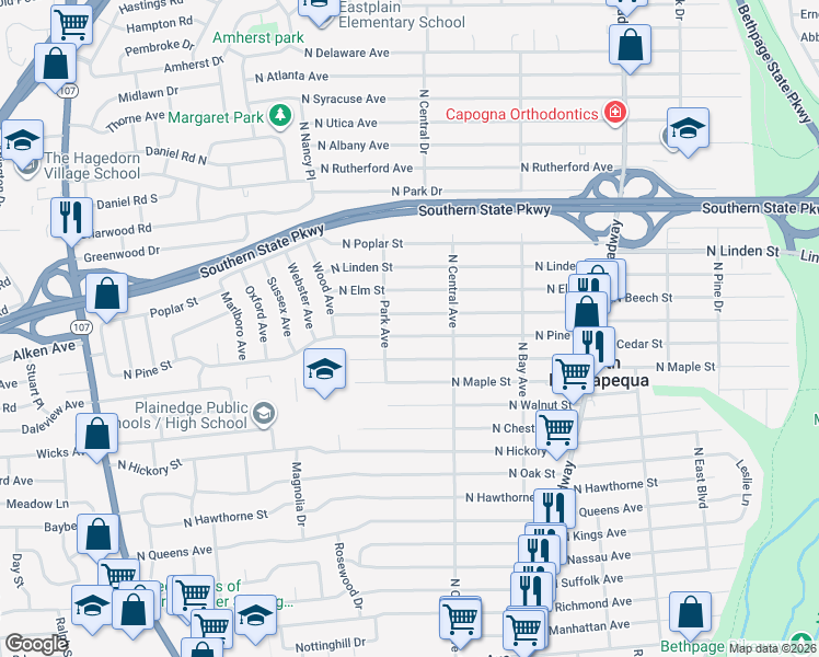 map of restaurants, bars, coffee shops, grocery stores, and more near 258 North Beech Street in North Massapequa