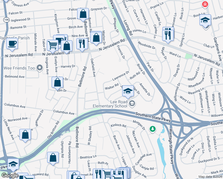 map of restaurants, bars, coffee shops, grocery stores, and more near 2852 Walter Road in Wantagh