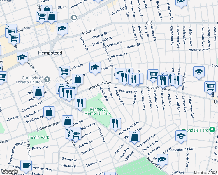 map of restaurants, bars, coffee shops, grocery stores, and more near 222 Jerusalem Avenue in Hempstead