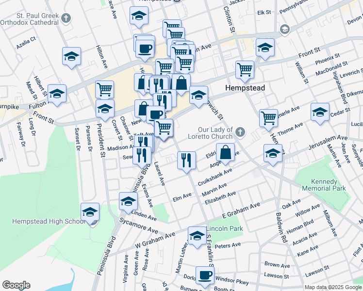 map of restaurants, bars, coffee shops, grocery stores, and more near 55 Grove Street in Hempstead