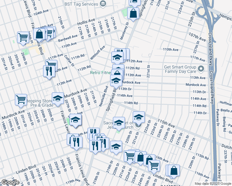 map of restaurants, bars, coffee shops, grocery stores, and more near 113-57 Springfield Boulevard in Queens