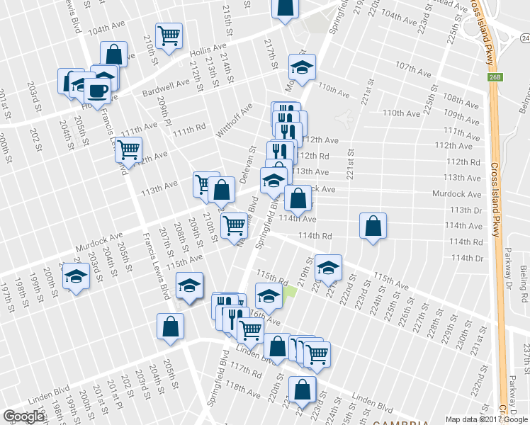 map of restaurants, bars, coffee shops, grocery stores, and more near 213-16 Nashville Boulevard in Queens