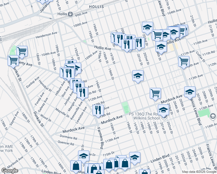 map of restaurants, bars, coffee shops, grocery stores, and more near 194-32 111th Avenue in Queens