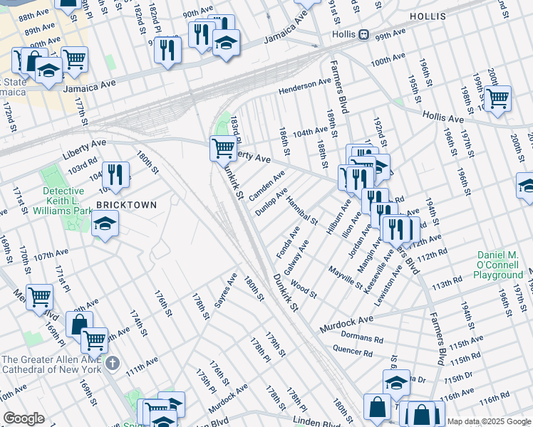 map of restaurants, bars, coffee shops, grocery stores, and more near 183-49 Elmira Avenue in Queens