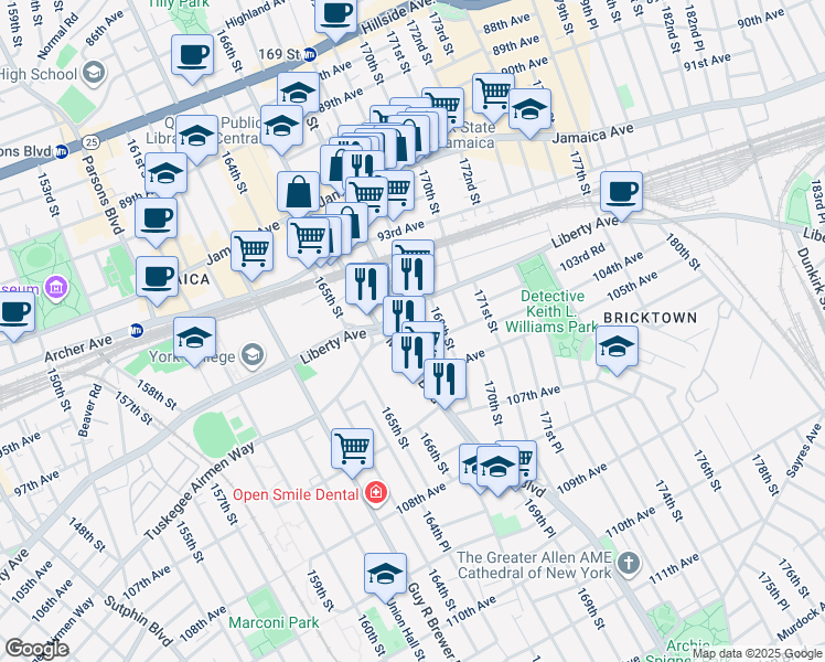 map of restaurants, bars, coffee shops, grocery stores, and more near in Queens