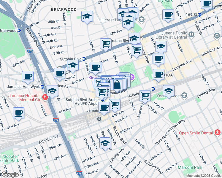 map of restaurants, bars, coffee shops, grocery stores, and more near 148-27 Jamaica Avenue in Queens