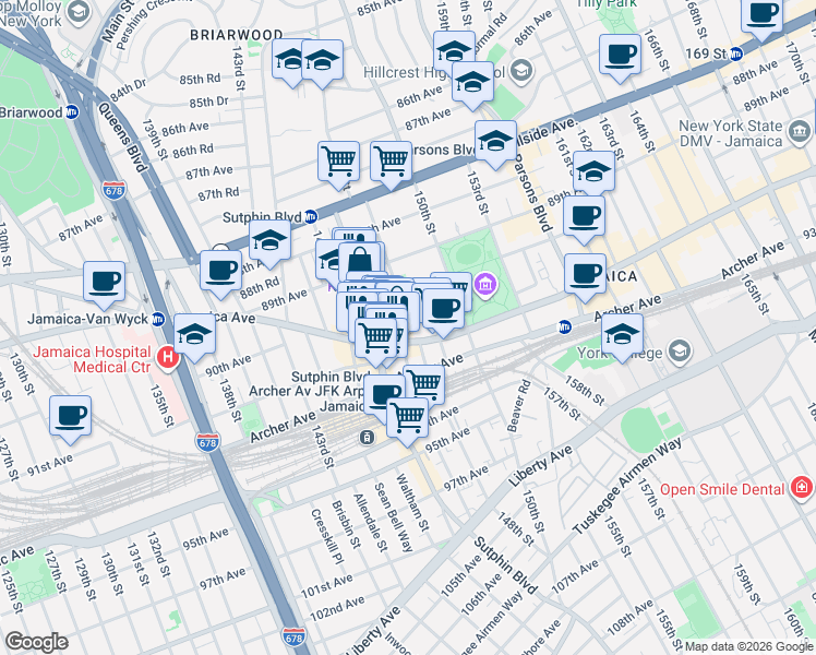 map of restaurants, bars, coffee shops, grocery stores, and more near 90-20 148th Street in Queens