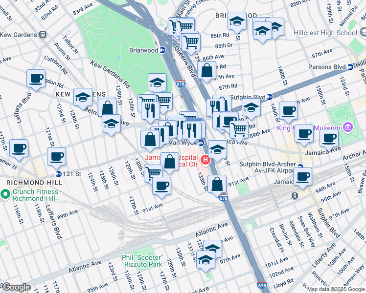 map of restaurants, bars, coffee shops, grocery stores, and more near 135-10 Jamaica Avenue in Queens