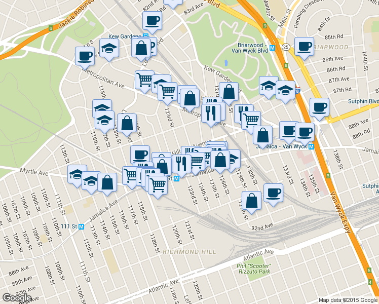 map of restaurants, bars, coffee shops, grocery stores, and more near 124-6 Hillside Avenue in Queens