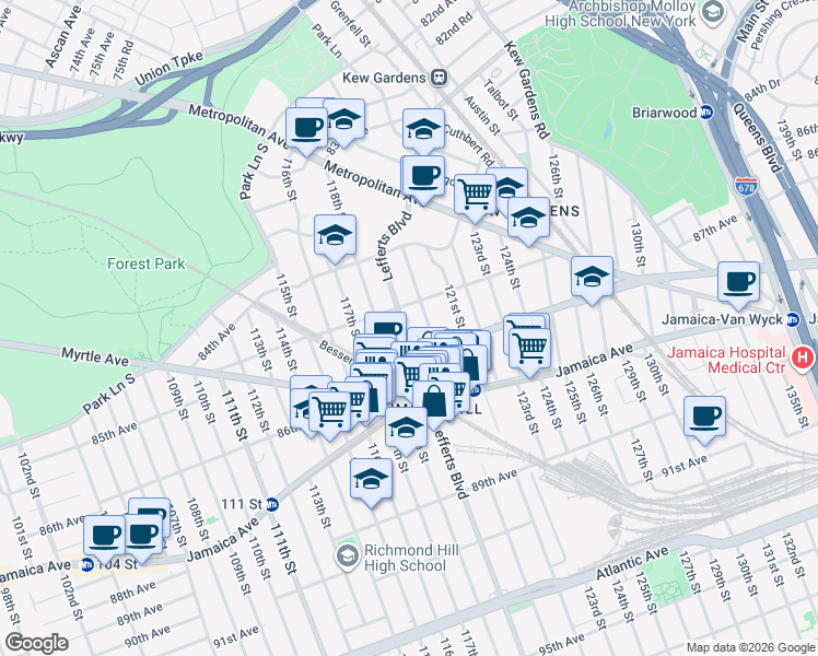 map of restaurants, bars, coffee shops, grocery stores, and more near 85-10 120th Street in Queens