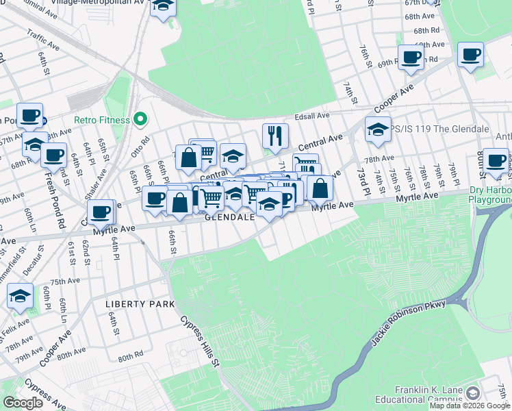 map of restaurants, bars, coffee shops, grocery stores, and more near 71-58 69th Place in Queens