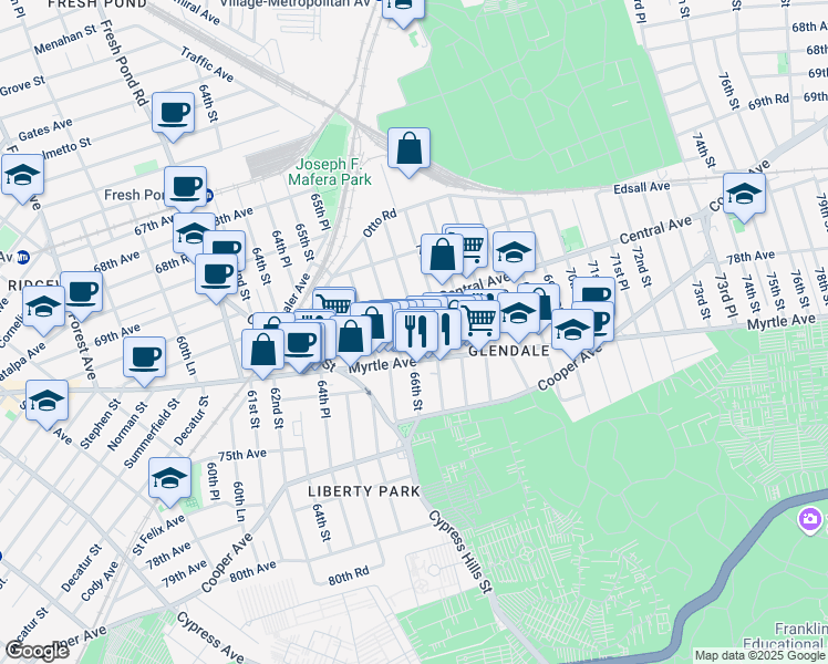 map of restaurants, bars, coffee shops, grocery stores, and more near 66-06 Central Avenue in Queens