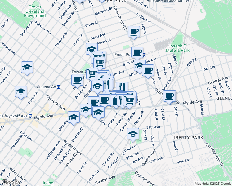 map of restaurants, bars, coffee shops, grocery stores, and more near 60-07 69th Avenue in Queens