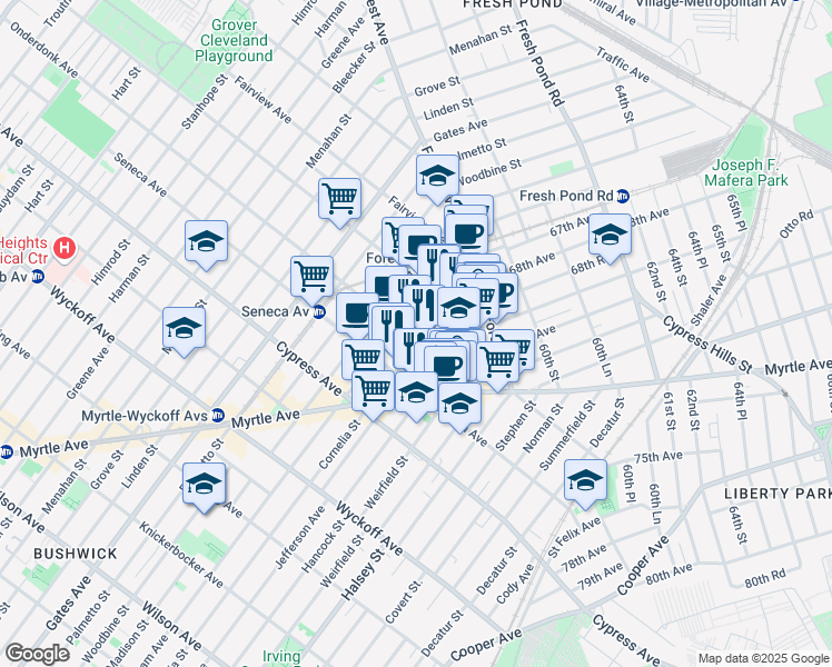 map of restaurants, bars, coffee shops, grocery stores, and more near 18-67 Cornelia Street in Queens