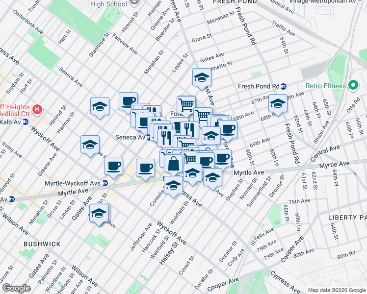 map of restaurants, bars, coffee shops, grocery stores, and more near 792 Onderdonk Avenue in Queens