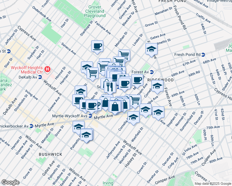 map of restaurants, bars, coffee shops, grocery stores, and more near in Queens
