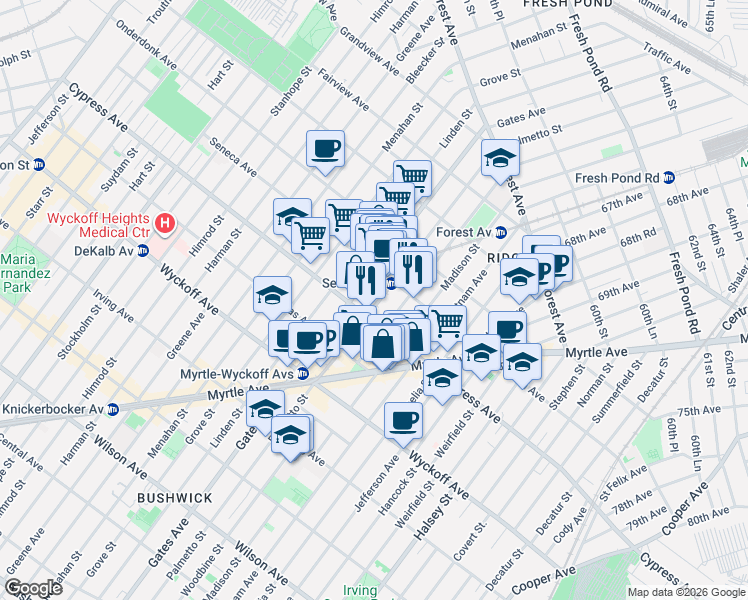 map of restaurants, bars, coffee shops, grocery stores, and more near in Queens